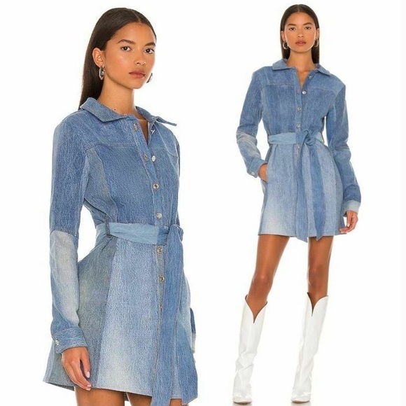 🆕EB DENIM KLIED DENIM BELTED TRENCH PATCHWORK BUTTON UP LONG SLEEVE MINI DRESS - Picture 3 of 7